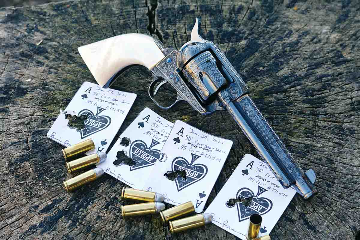 At 50 feet, Brian’s custom reproduction of the Sears COWBOY SPECIAL shot to point of aim using handloads containing 265-grain cast bullets from RCBS mould 45-250-FN at 844 fps.